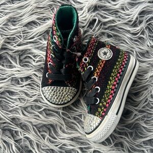 NWOT  Converse All Stars High Girls' Sz  4 Toddler Black Striped Rhinestone Toe